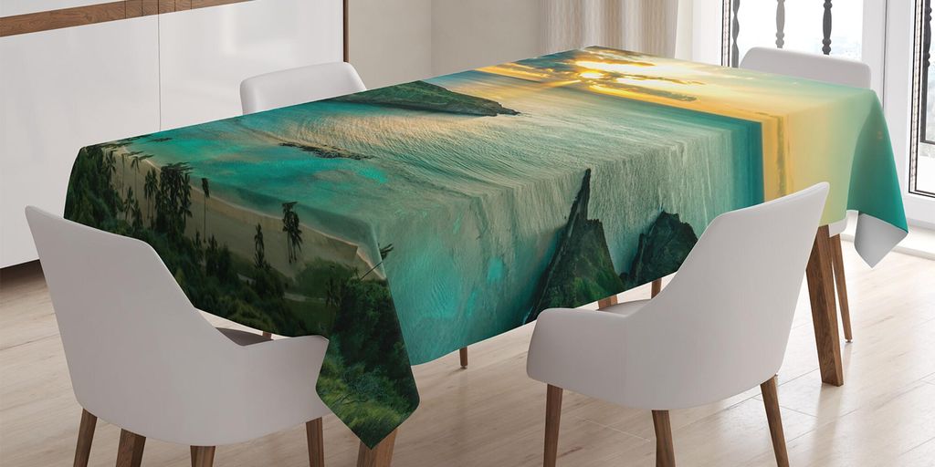 ABAKUHAUS hawaiisch Tischdecke, Sonnenaufgang Über Hanauma Bay Oahu Hawaii Sonnenstrahlen Küstenlinie Druck, 140 x 170 cm, Türkis Grün Gelb