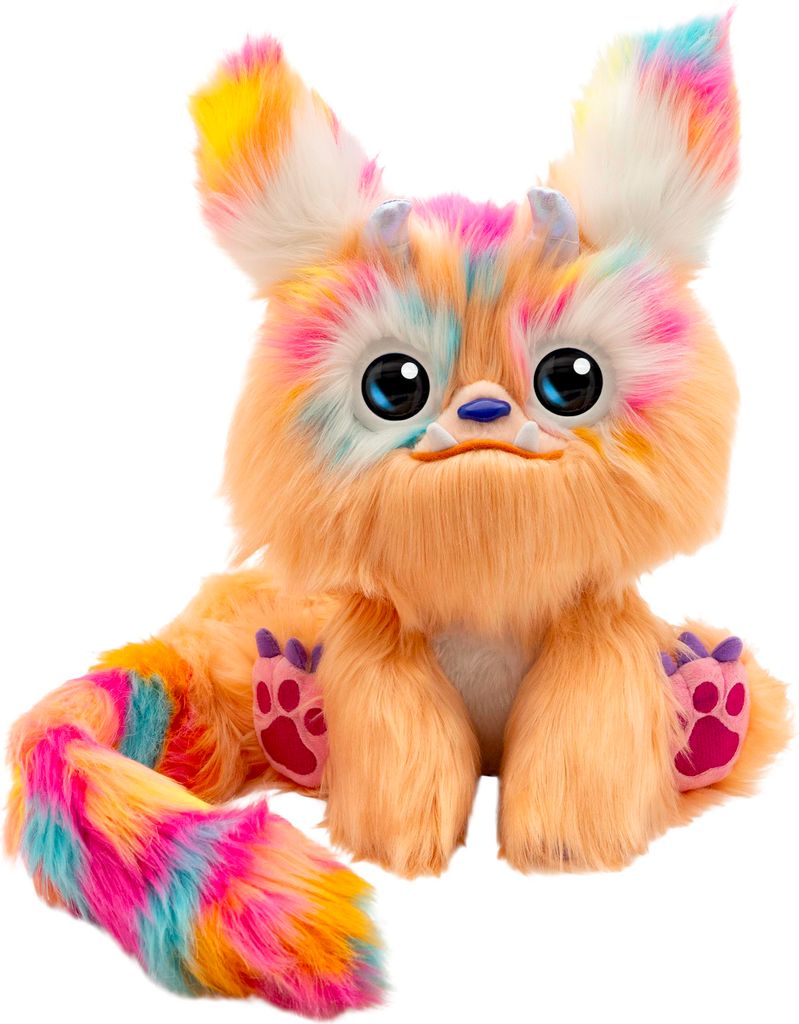 A fluffy, multi-colored toy creature sitting on a white background.