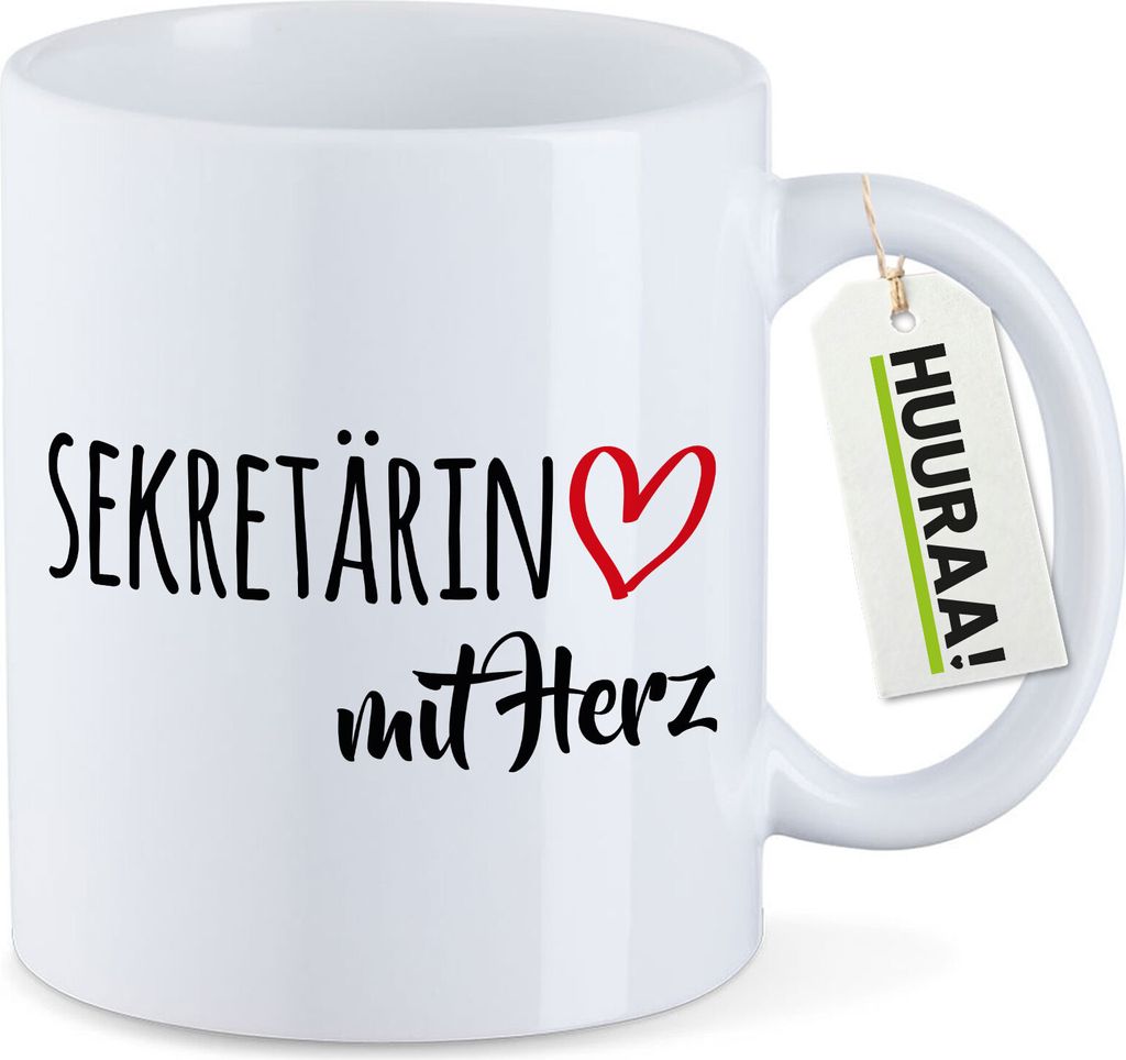 Huuraa Kaffeetasse Sekretärin mit Herz 330ml Weiß Keramik Kaffeebecher Geschenkidee