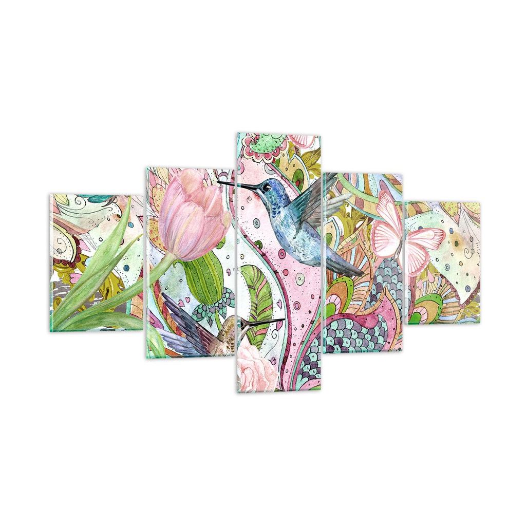 Bilder auf glas - Vogel Schmetterling Blume - 125x70cm - Glasbilder - Wandbilder - Kunstdruck - zum Aufhängen bereit - Wanddekoration aus Glas - G...