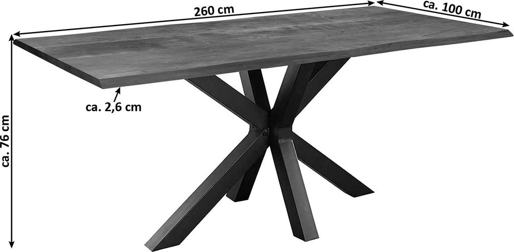 Baumkantentisch 260 x 100 cm Spyro, Akazienholz nussbaumfarben & massiv, Esszimmertisch mit mattschwarzem Spider-Metallgestell, Platte 26 mm