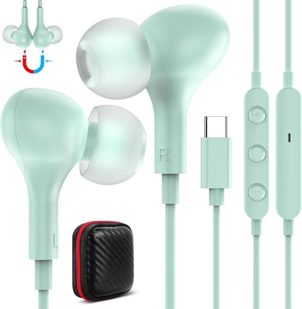 USB C In-Ear Kopfhörer mit Mikrofon, Kabel-Headset für Samsung, iPhone, Pixel, Xiaomi, Gaming, Sport & Musik, Typ-C Anschluss