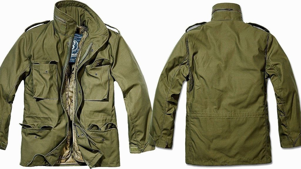 A front and back view of an olive green jacket.
