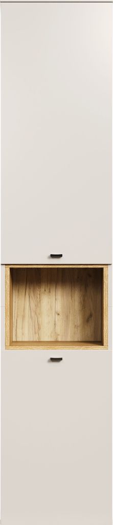 A tall, narrow cabinet with two white doors and a wooden open shelf in the middle.