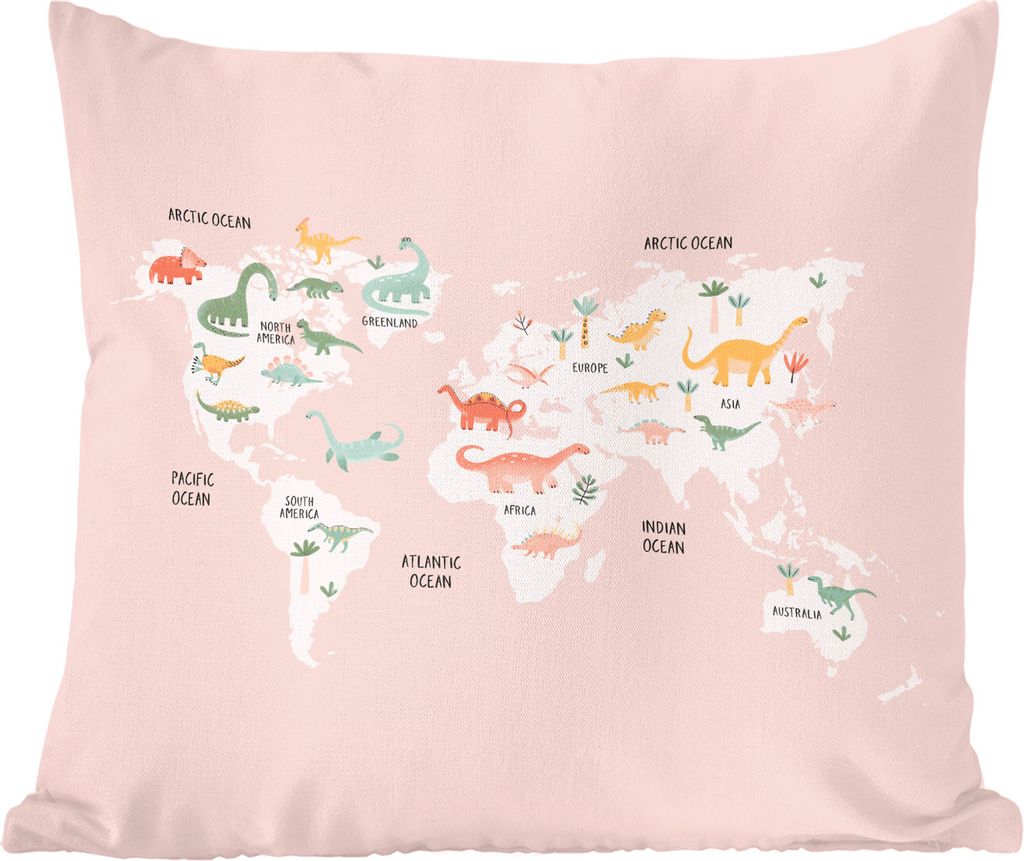 MuchoWow Zierkissen Sofakissen Wohnzimmer Dekokissen 40x40 cm Weltkarte - Kinder - Dinosaurier - Foto Kissen - Schlafzimmer Dekoration