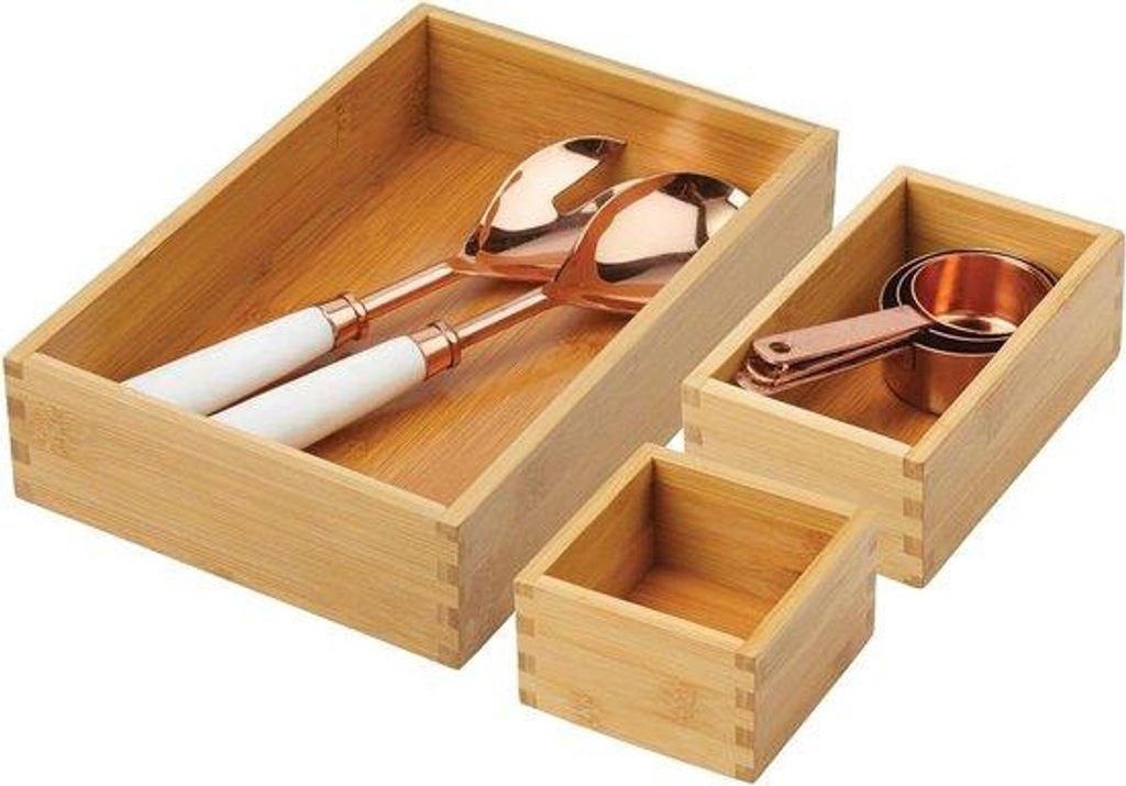 Bamboe-Organizer-Set - stapelbare Keukenorganizer - 3-teilig - natur - Holzbox für Besteck und Küchenutensilien