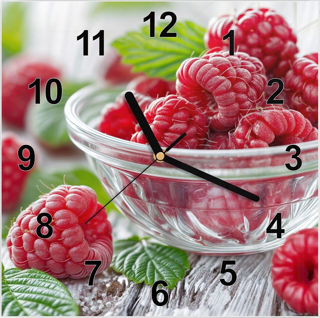 Wanduhr aus Glas mit Motiv Frische Himbeeren- 30 x 30 cm - inkl. Aufhängesystem