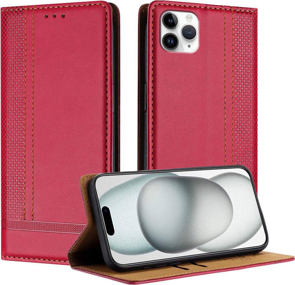 Handyhülle für iPhone 11 Pro Max Leder Flip Klappbare Schutzhülle mit Standfunktion Rot