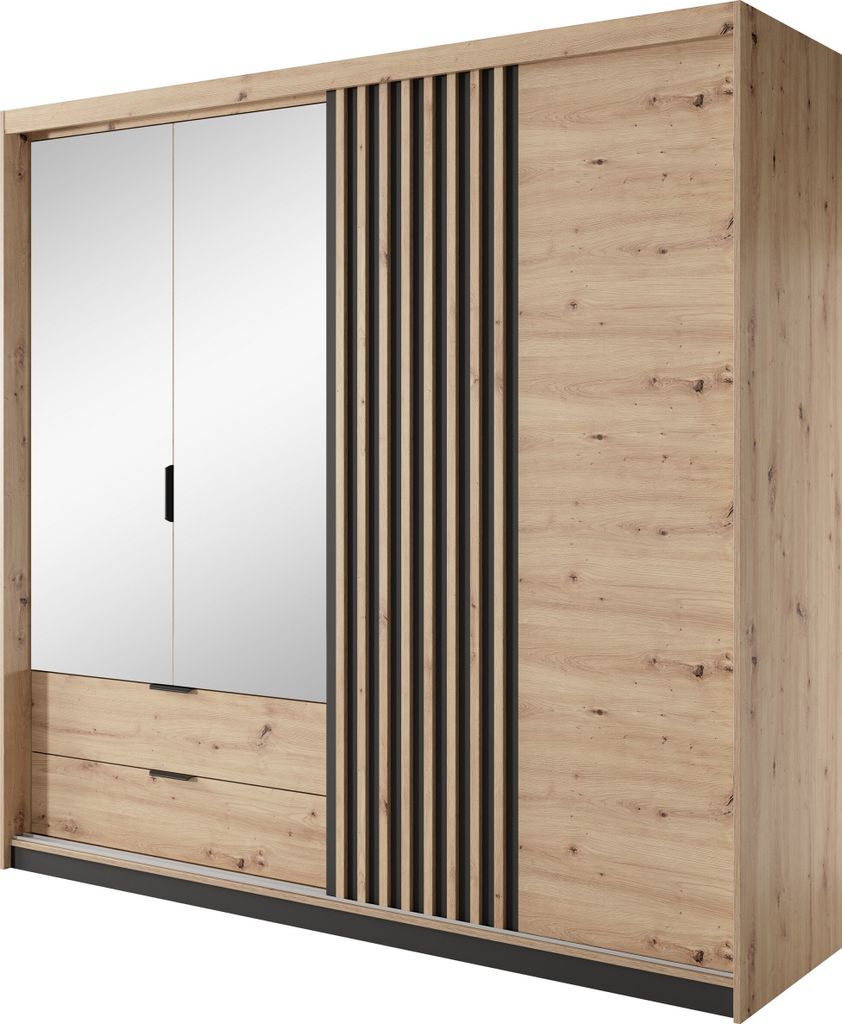 Kleiderschrank TALLY - A Schrank 4 türiger mit Spiegel 2 Schubladen 2 Kleiderstangen Artisan Eiche / Anthrazite