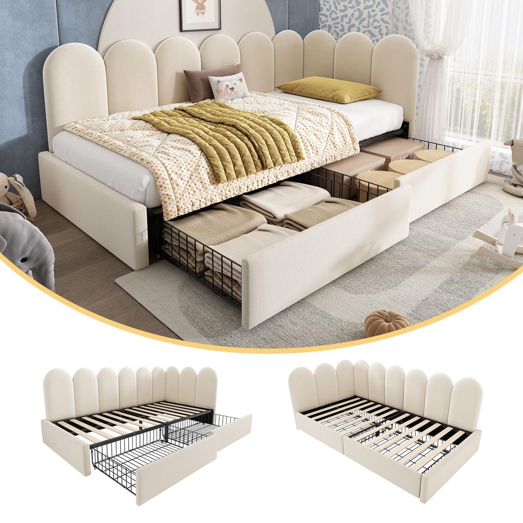 Polsterbett 90x190 Samt, Daybed mit Schubladen, Schlafsofa beige, Tagesbett L-Form, Kojenbett mit Stauraum, Jugendbett 90x190, Kinderbett gepolster...
