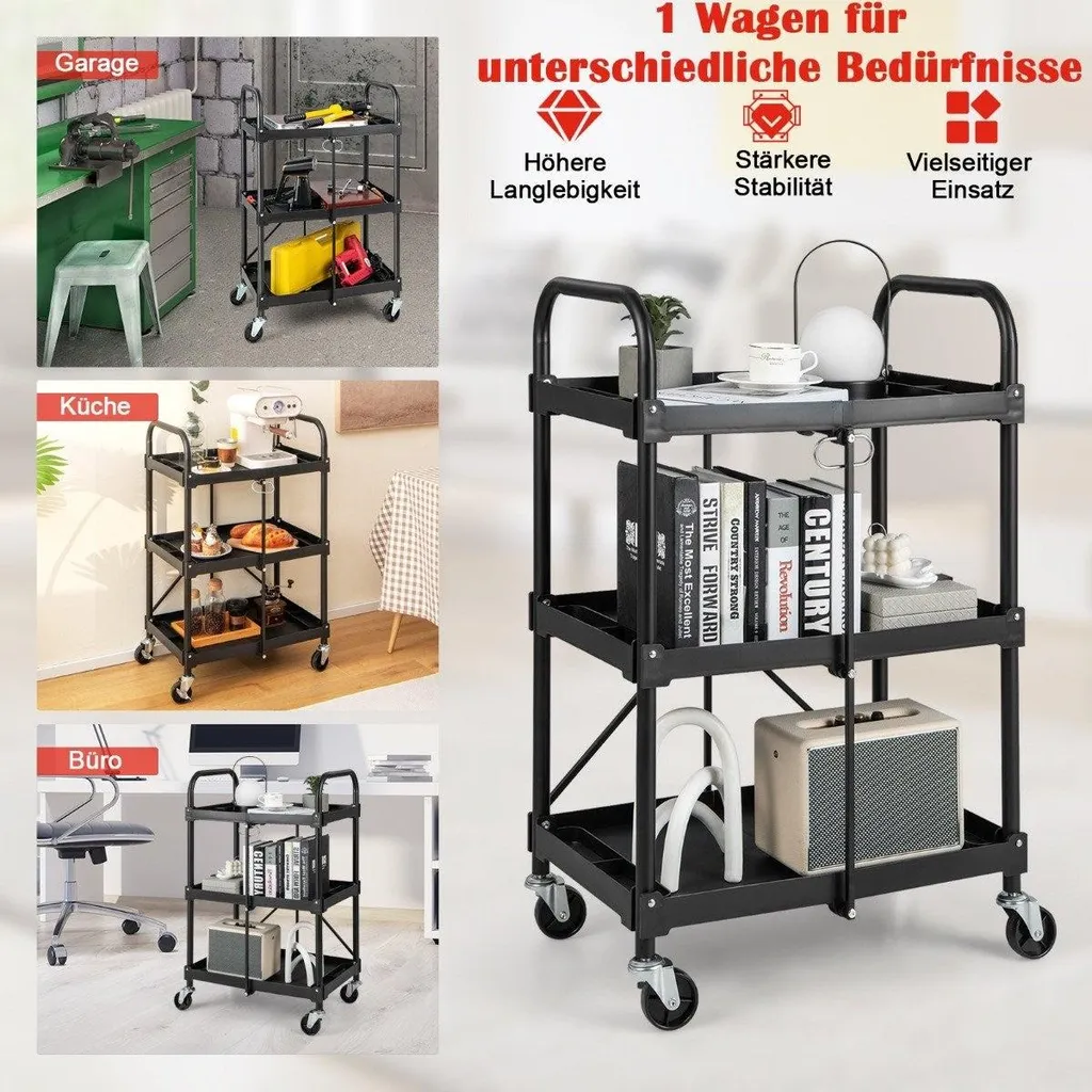 Desserte roulante pliable 3 niveaux en métal noir compacte 61x44x96cm