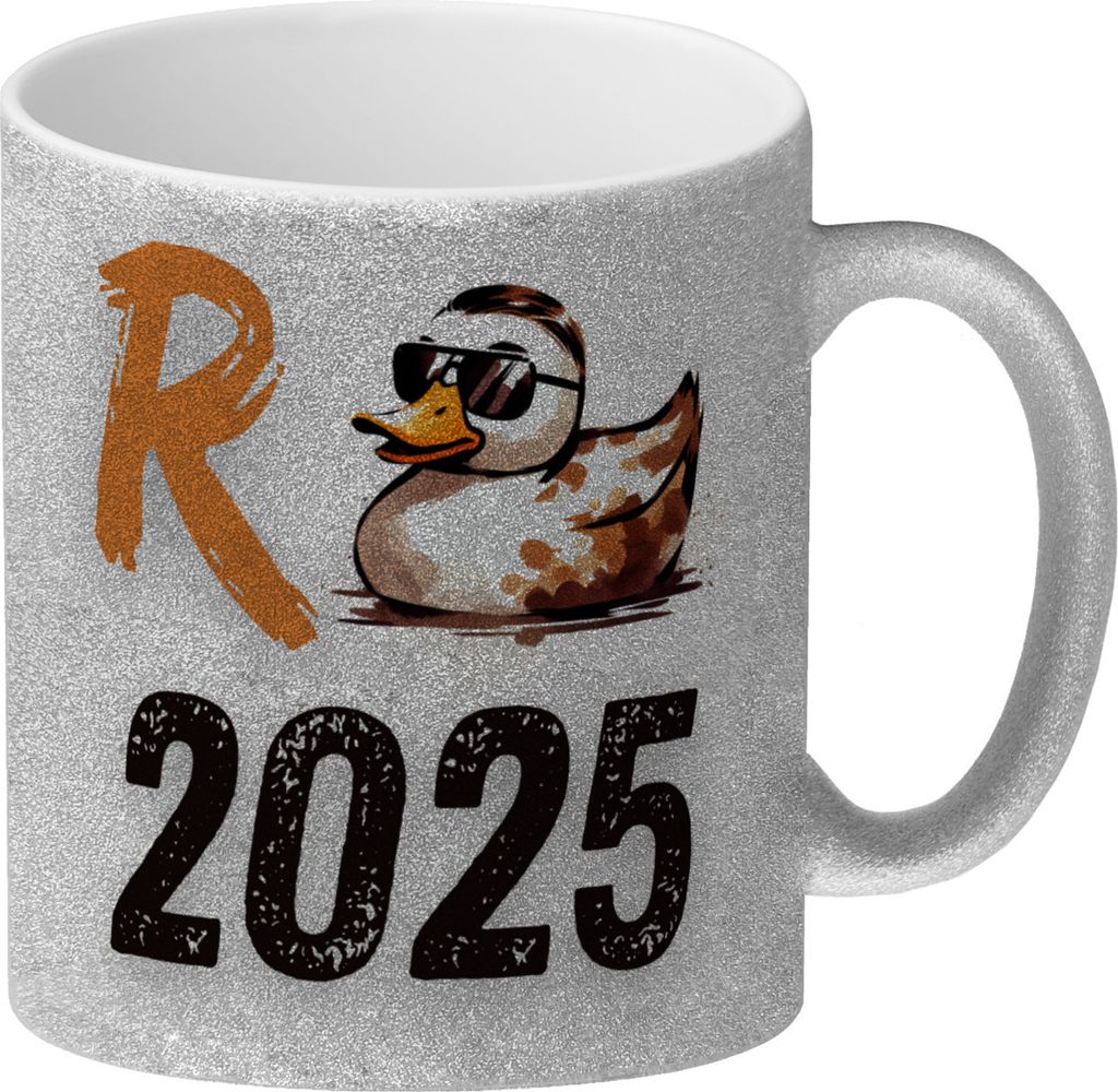 Ente mit Sonnenbrille Glitzer-Kaffeebecher mit Spruch Rente 2025