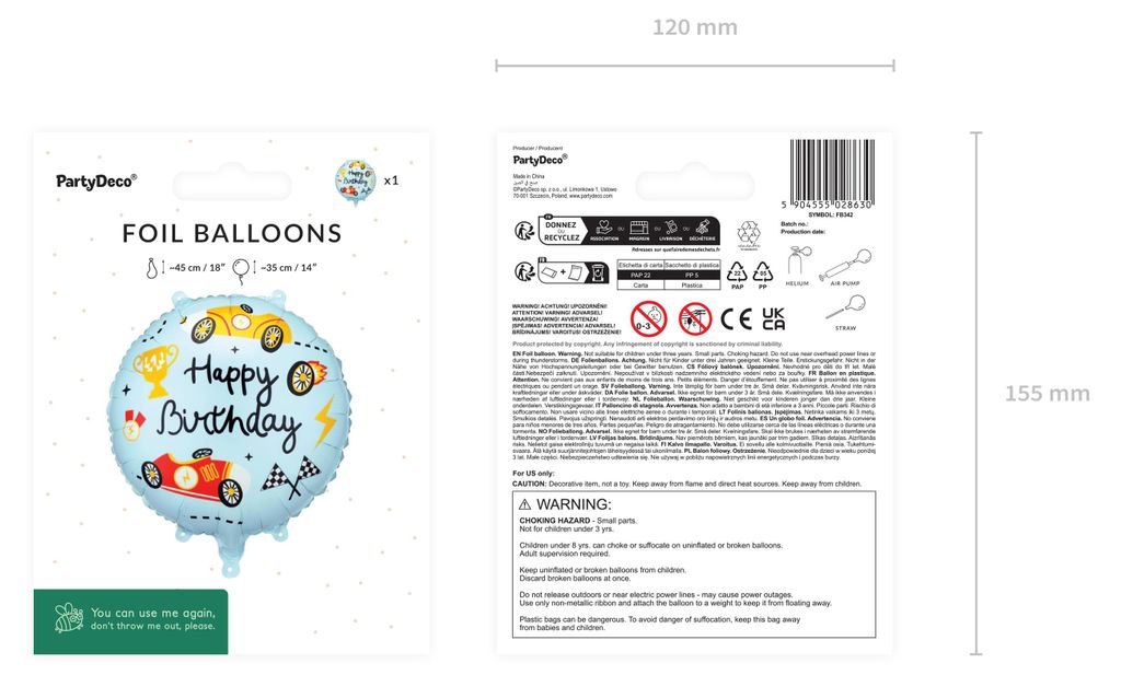 Folienballon Rennwagen Happy Birthday Schriftzug 35x35cm rund Hellblau