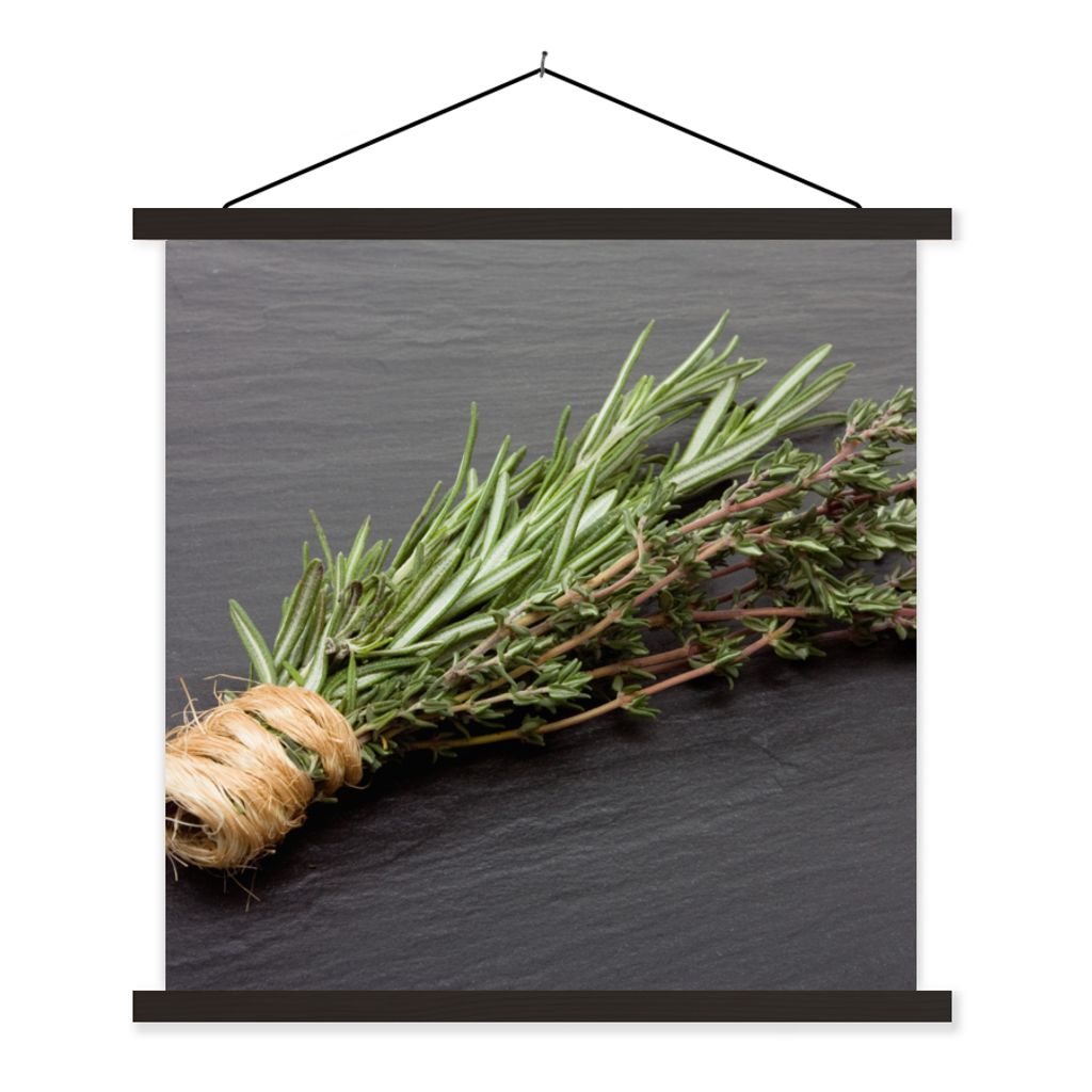 MuchoWow Textilposter Thymian - Kräuter - Grün - Tisch - Küche - Stein 120x120 cm mit schwarzem Rahmen - Aufhängungsset