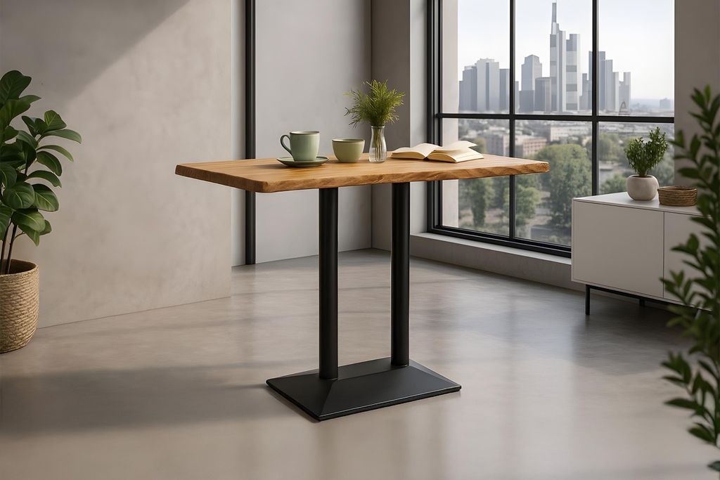 Bistrotisch Baumkante massiv 120 x 70 cm Akazie naturfarben Doppelsäulengestell schwarz IAN