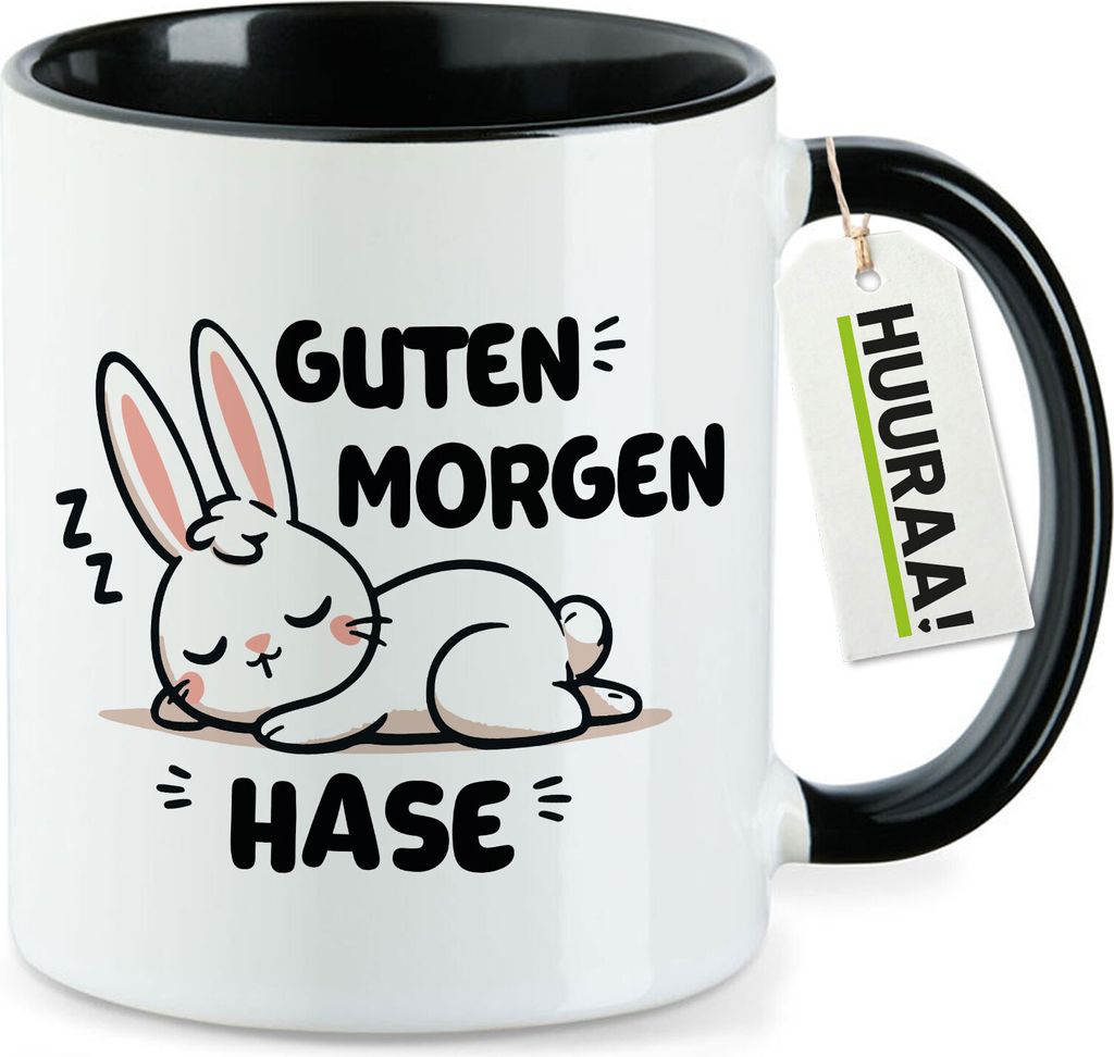 Huuraa Kaffeetasse Guten Morgen Hase 330ml Schwarz Keramik Kaffeebecher Geschenkidee