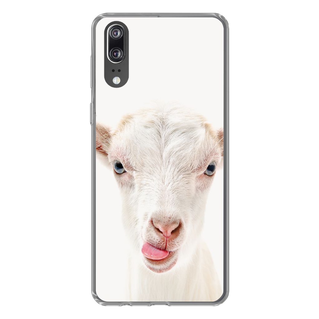 MuchoWow Handyhülle Schutzhülle Hülle für Huawei P20 Ziege - Porträt - Junge - Mädchen - Kinder - Weiß Silikon Softcase Handy Hülle - Har...