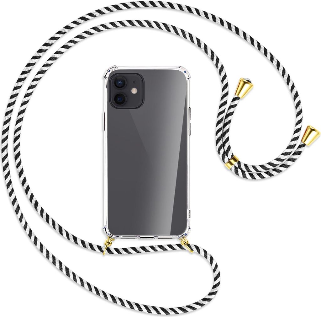 Handykette Backcover-Schutzhülle mit Band (Metall goldfarben) für Apple iPhone 12, 12 Pro - schwarz/weiß gestreift