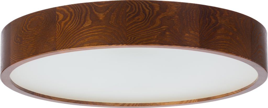 A round ceiling lamp with a dark brown wood-grain textured rim and a white diffuser.