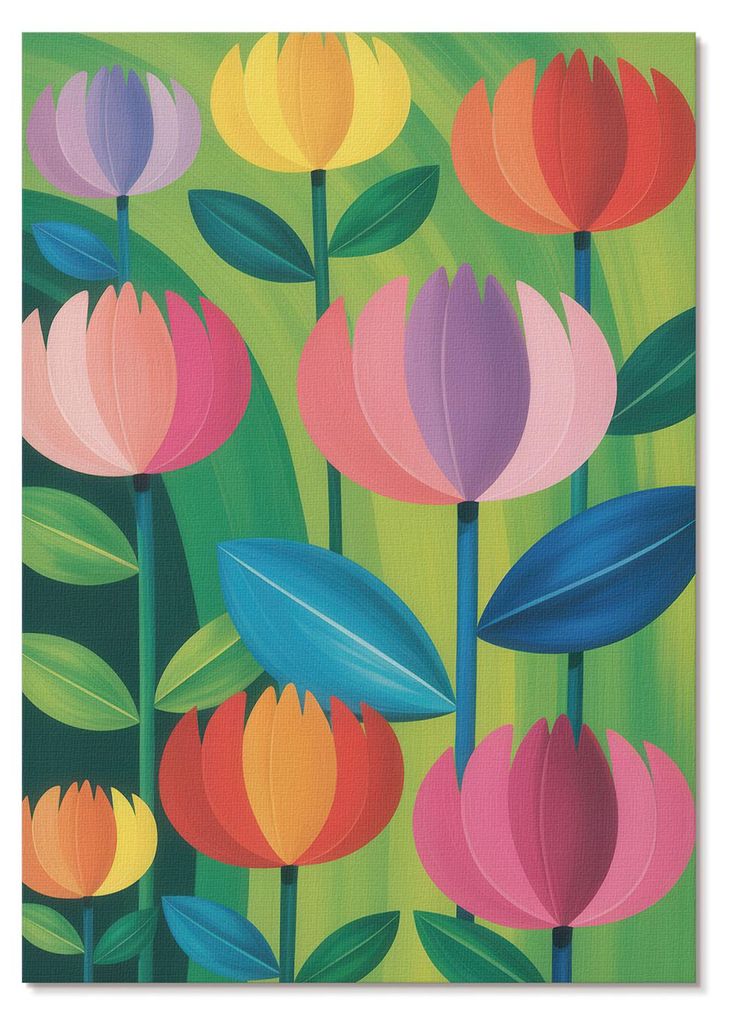 POSTER - 42x59 cm (A2) - Julien "Phase" Moreau - Bunte geometrische Blumen und Blätter auf grünem Hintergrund - Wandbild für Wohnzimmer Schlafzi...