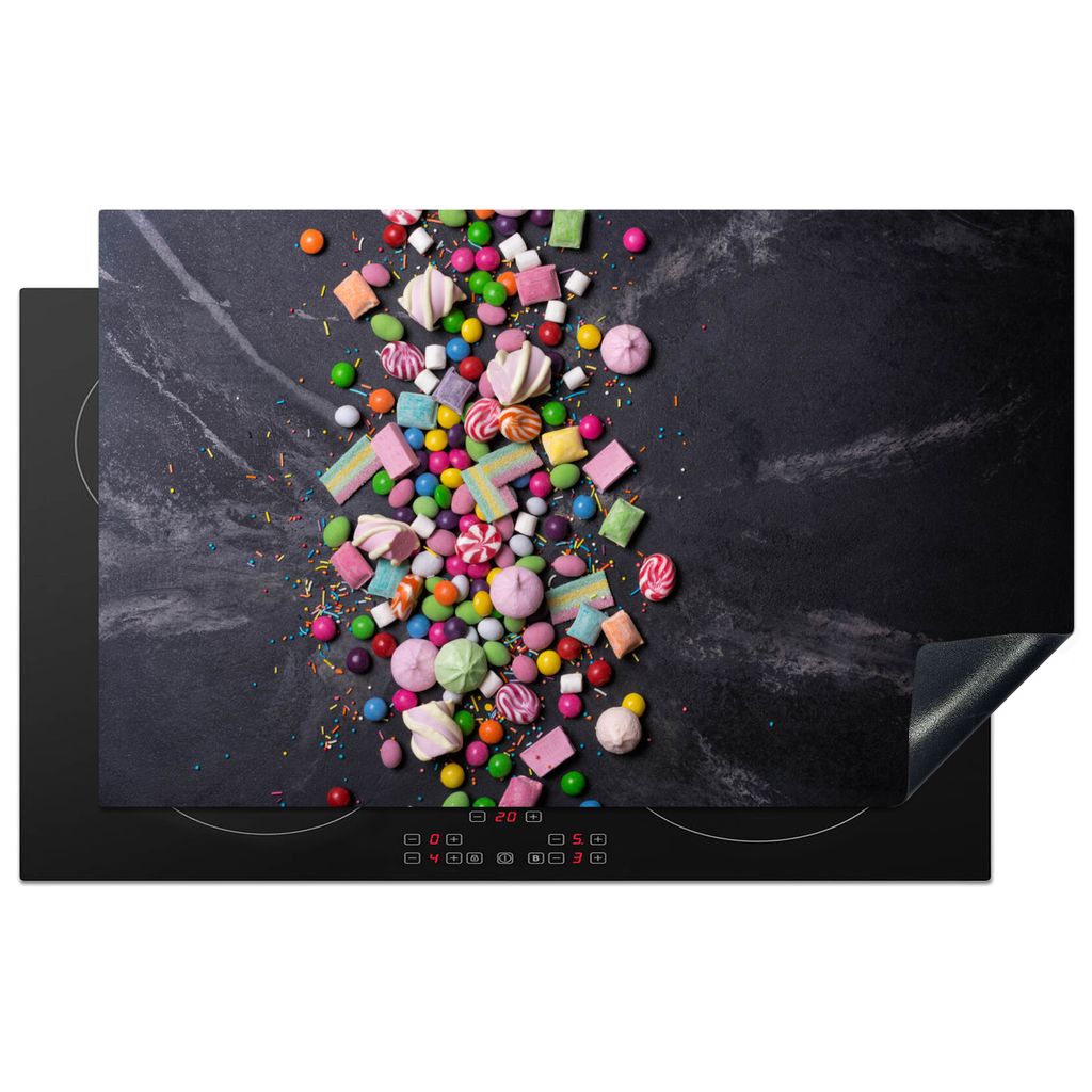 KitchenYeah Herdabdeckplatte Süßigkeiten - Bunt , 83x51cm, Küche Deko, Glaskeramikkochfeld Herdabdeckung, Abdeckplatte fùr Kochfeld
