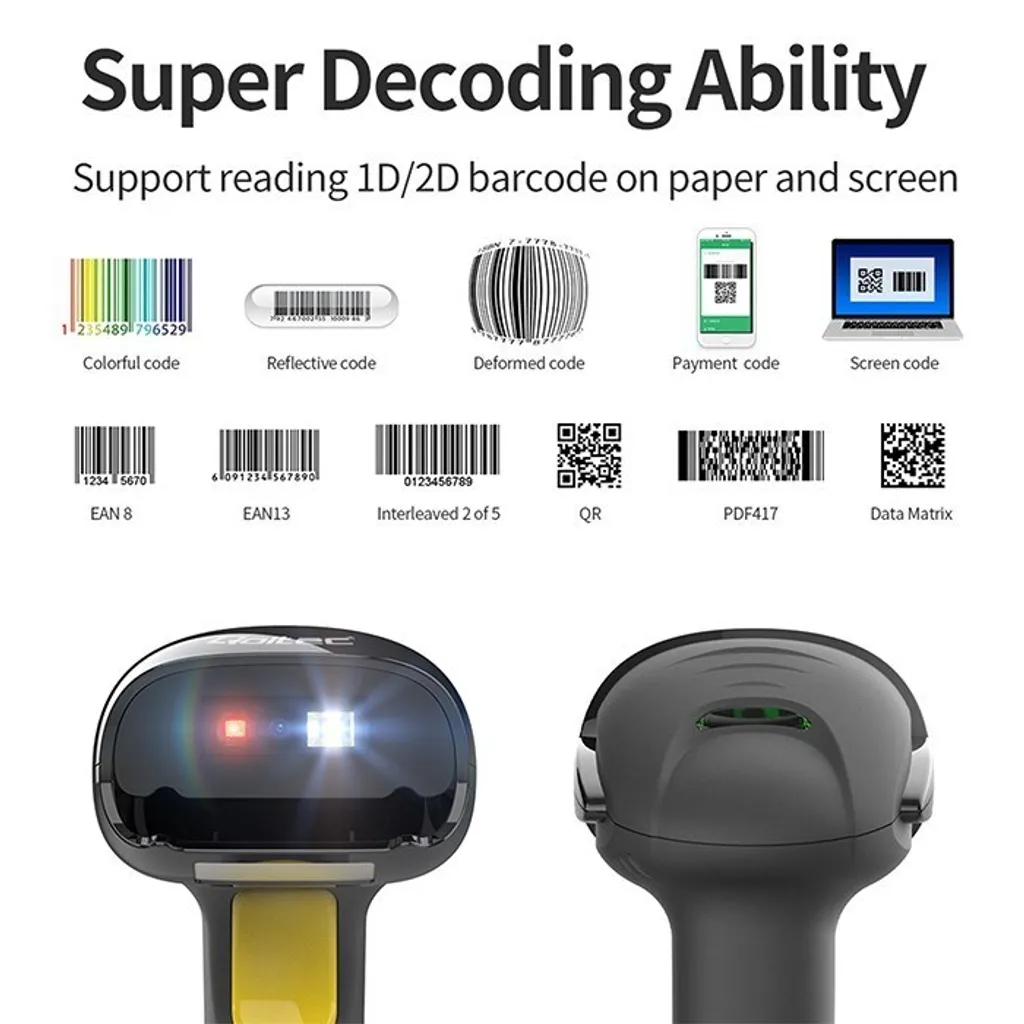 Scanner de code-barres laser Qoltec 1D 2D portable haute précision noir
