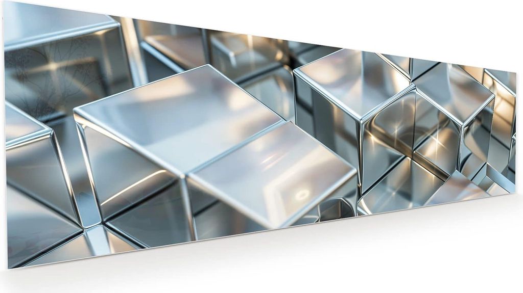Glasbild 120x40cm in XXL für Wohnzimmer, Schlafzimmer Motiv Metallische Würfel