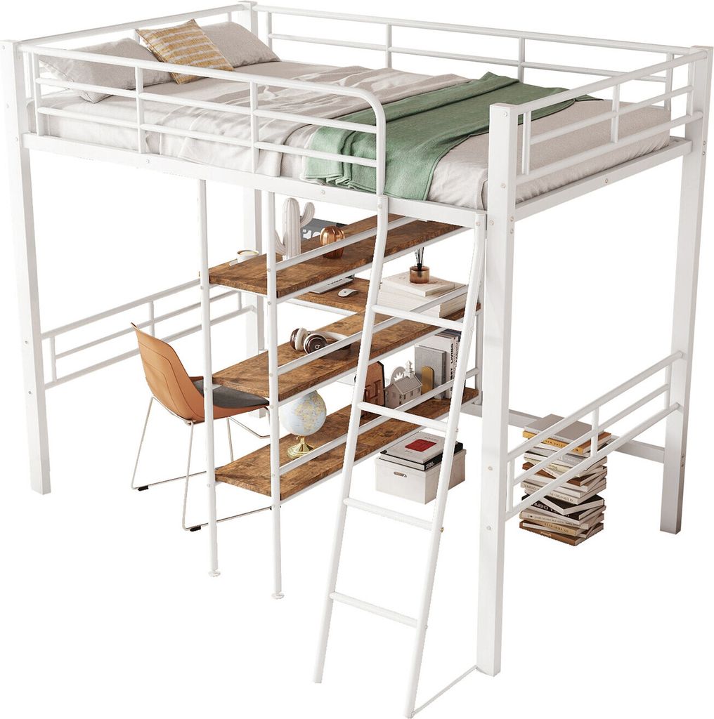 Hochbett(Weiß)Hausbett mit Schreibtisch, Mehrere Regale, Geländer, Leiter, Eisenrahmen