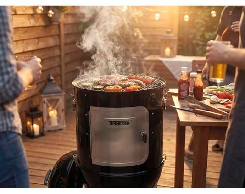 Holzkohlegrill Vertikaler Smoker TENNEKER mit Deckelthermometer und 3 Grillroste ideal zum Räuchern von Fleisch, Fisch u