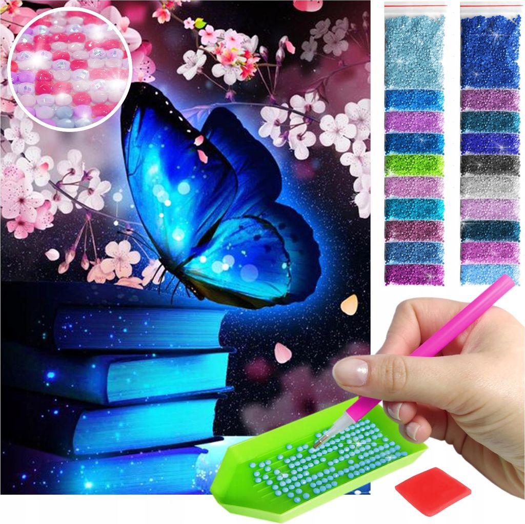 ARTULIO - Diamond Painting Set - Blauer Schmetterling auf Büchern - 40 x 30 cm - AB Steine - Crystal Art, Komplettset Mosaik + Zubehör