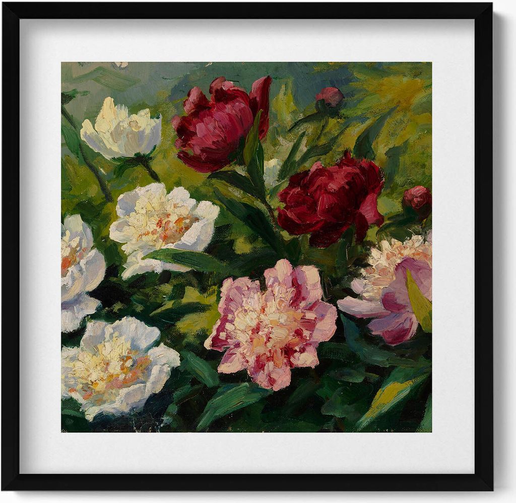 Gemalte schöne Blumen– Wandbild mit Rahmen – Gerahmtes Bild – Wanddekoration – 50x50 cm – Schwarz Rahmen