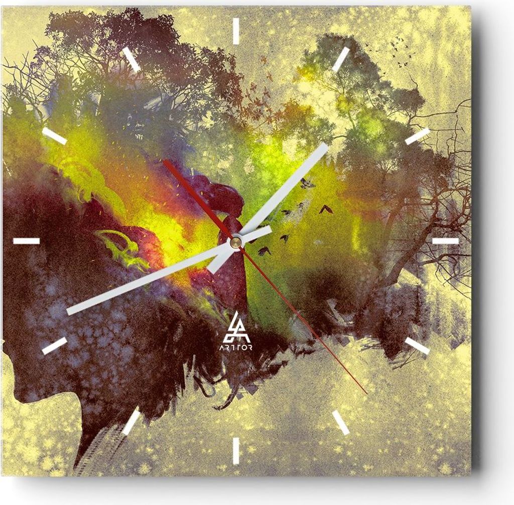 Wanduhr - Quadrat - Glasuhr - Gesicht Grafik Abbildung Mädchen - 40x40cm - Schleichendes Uhrwerk - Lautlos - zum Aufhängen bereit - Dekoration Mo...