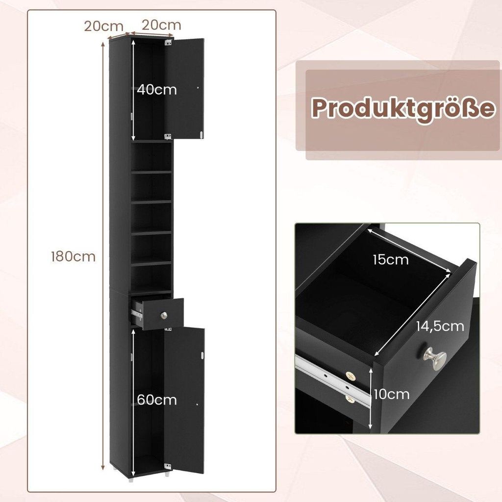 Meuble de salle de bain étroit avec 2 portes et 1 tiroir, Image du produit 