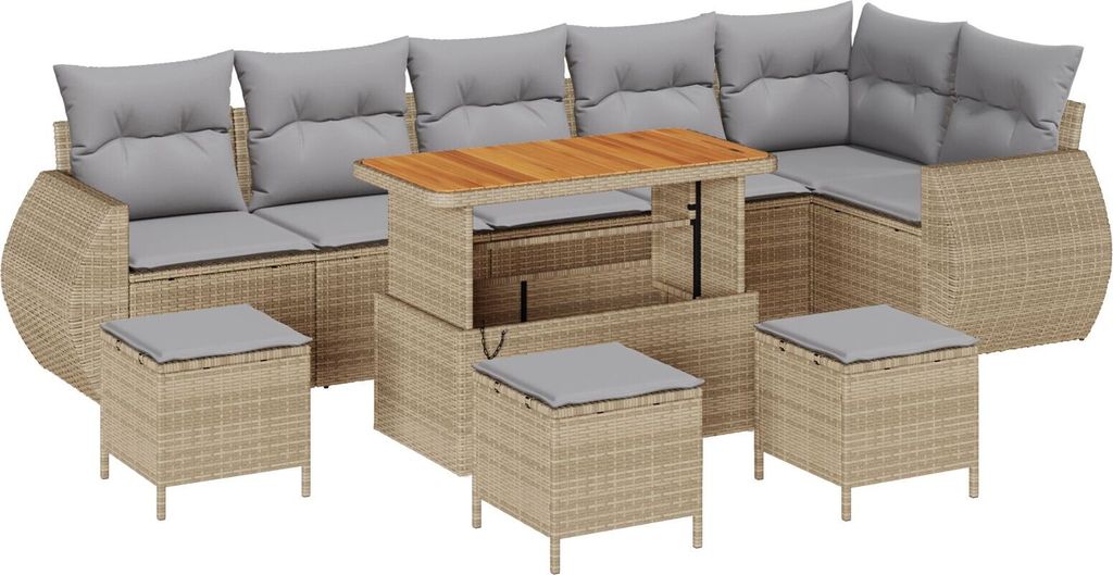 Möbel 10-teiliges Garten Sofa Set mit Kissen Beige Poly Rattan Akazie, 4-teiliges Garten Esstisch Set mit Kissen Beige Poly Rattan Akazie - Garten...