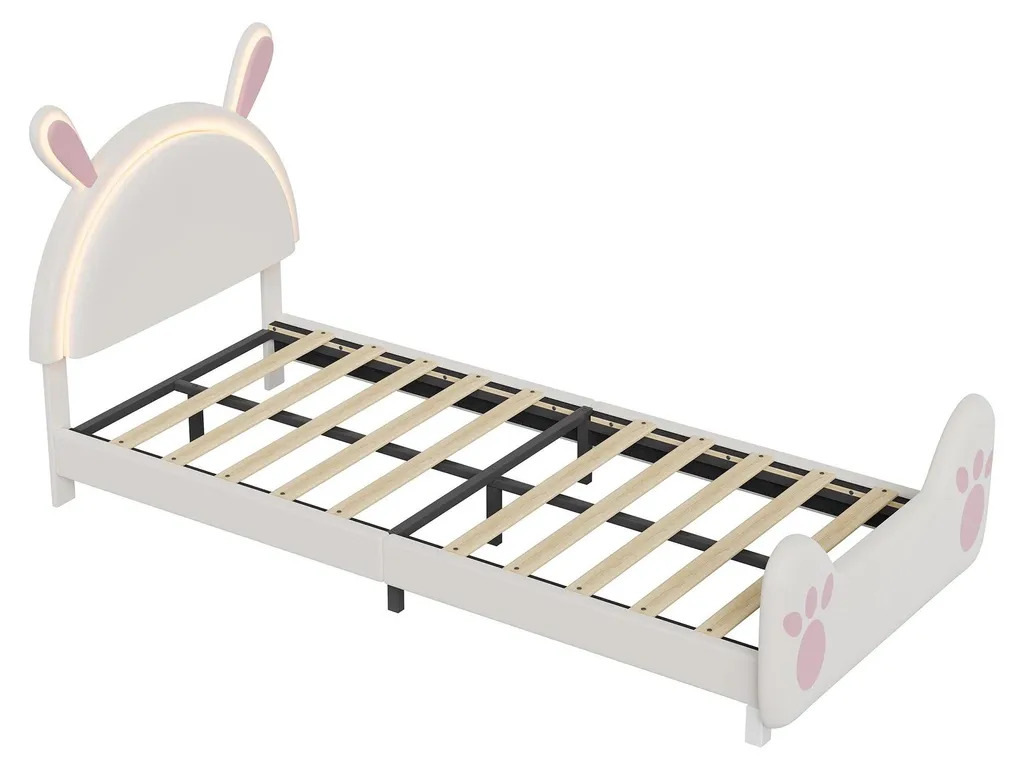 Lit rembourré enfant blanc en velours 90x200 avec sommier bois robuste