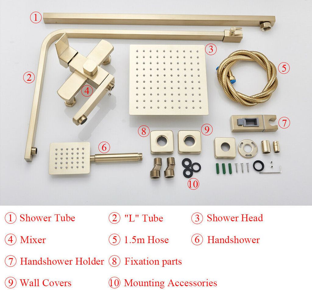 RBROHANT Duschsystem In Gold – Mit Regenduschkopf 25,4 Cm, Handbrause, Duscharm 40 Cm & Massiv-Messing-Armatur, Wassersparend