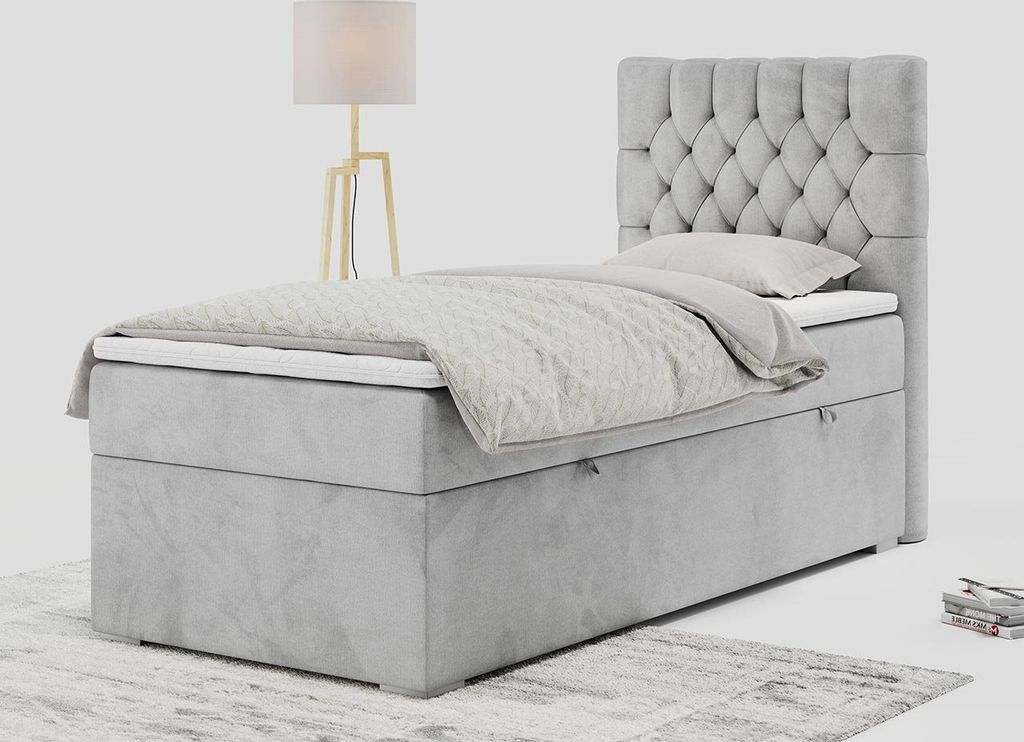 Einzelbett - Boxspringbett 90x200 mit Bettkasten und Matratzentopper - PERA 90 - rechts - Hellgrau - H3