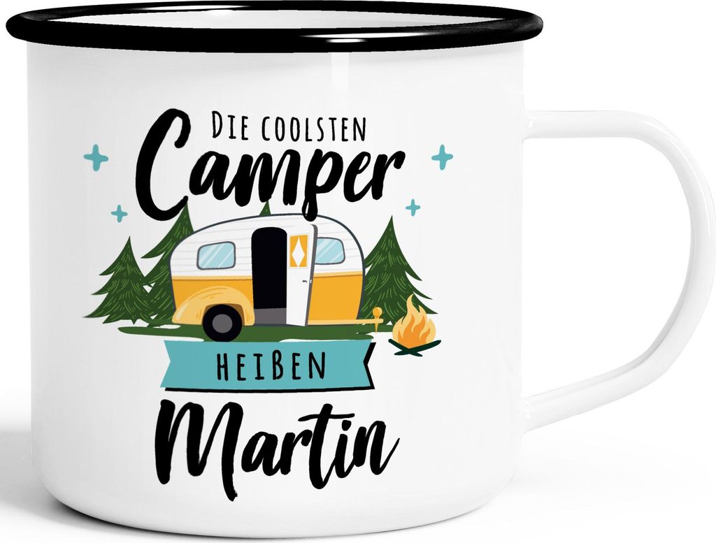 Emaille-Tasse Camping Wohnmobil personalisiert mit Namen persönliche Geschenke für Camper SpecialMe weiß-schwarz Emailletasse