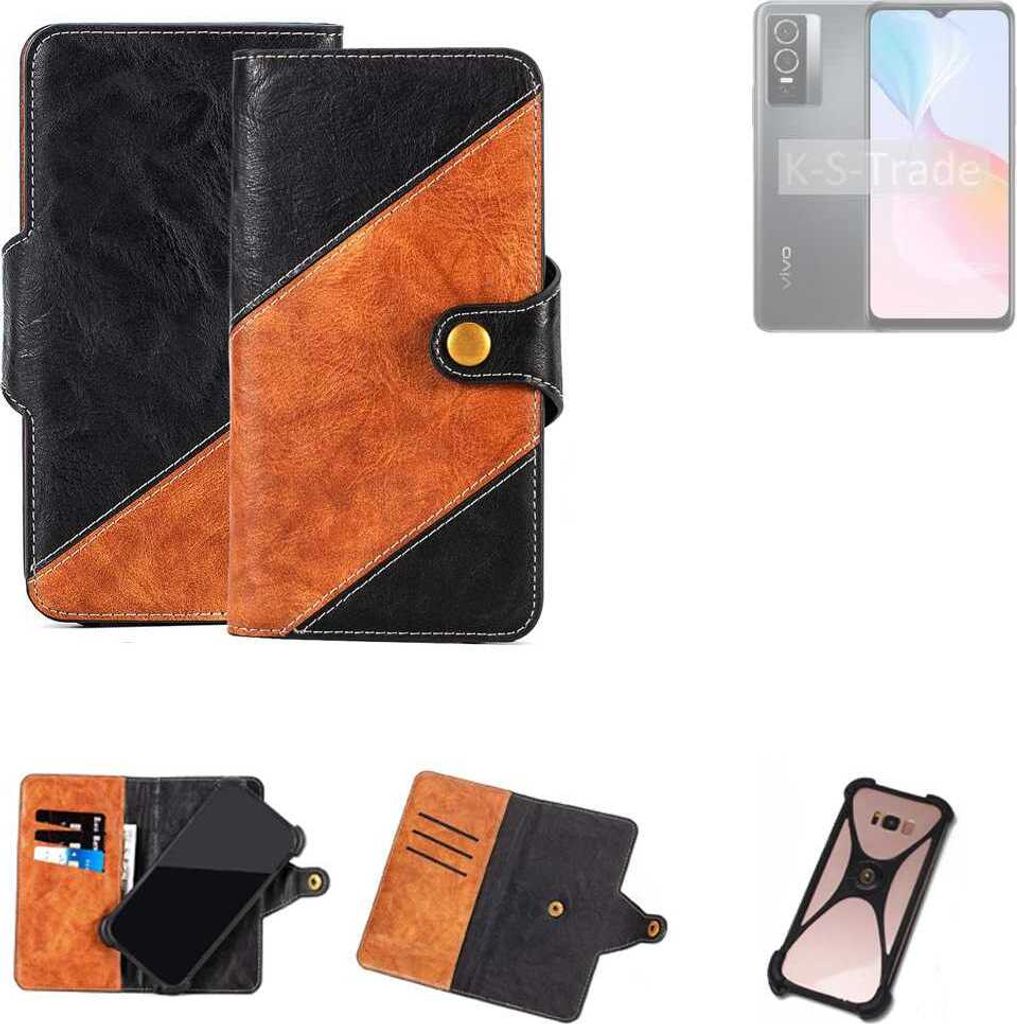 K-S-Trade Handyhülle Schutzhülle Bookstyle Case Wallet-Case kompatibel mit Vivo Y76 5G Handy Cover Bumper Klapphülle schwarz hellbraun 1x