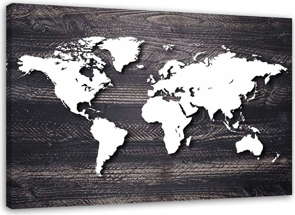 Leinwandbild weltkarte auf grauem holz 60x40 cm Feeby grau wandbild bereit zum aufhängen