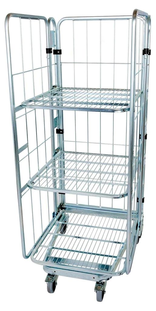 Rollbehälter 729 x 818 mm Höhe 1770 mm 3-seitig verzinkt nestbar mit 2 klappbaren Zwischenböden