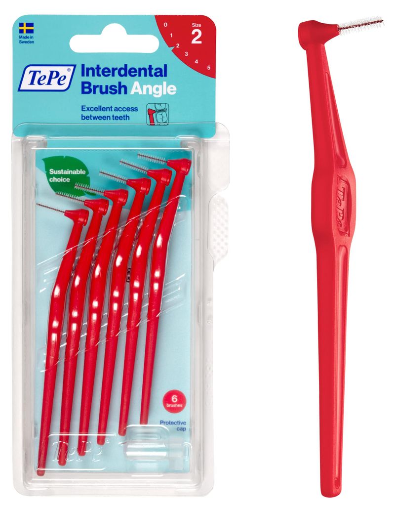 TePe Angle Interdentalbürste Rot, 0,5 mm/ISO 2, 6 Stk., Zahnzwischenraumreinigung, Plaque-Entferner