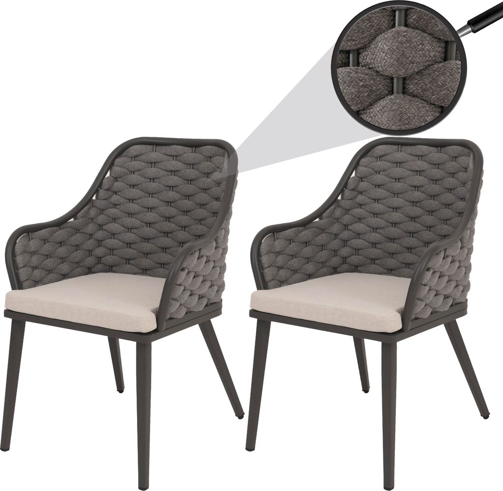 2er-Set Aluminium-Gartenstuhl MCW-O16, Outdoor Stuhl Armlehne, Olefin Seilgeflecht Rope anthrazit Kissen taupe