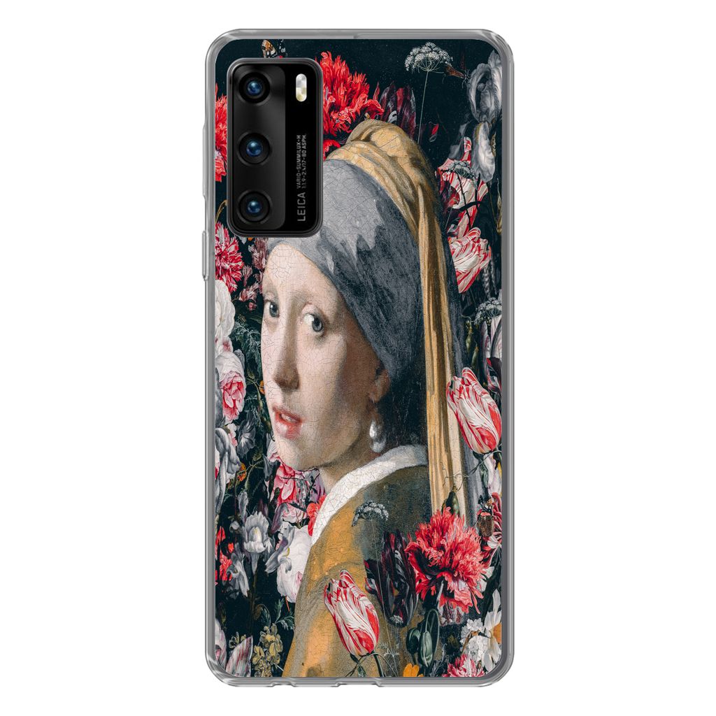 MuchoWow Handyhülle Schutzhülle Hülle für Huawei P40 Das Mädchen mit dem Perlenohrring - Blumen - Vermeer Silikon Softcase Handy Hülle - Ha...