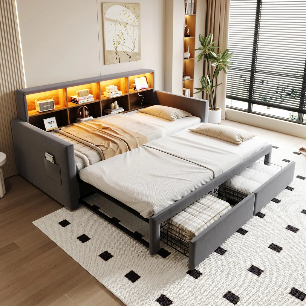 Lit d'Appoint Gain de Place 90x190 cm Extensible 180cm avec Rangement