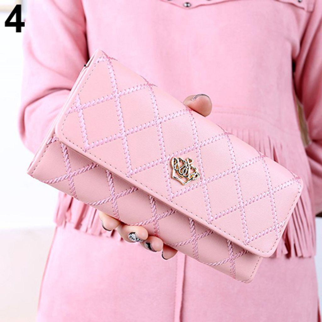 Damenmode Krone Rautenmuster Kunstleder Clutch Geldbörse Lange Geldbörse Gold