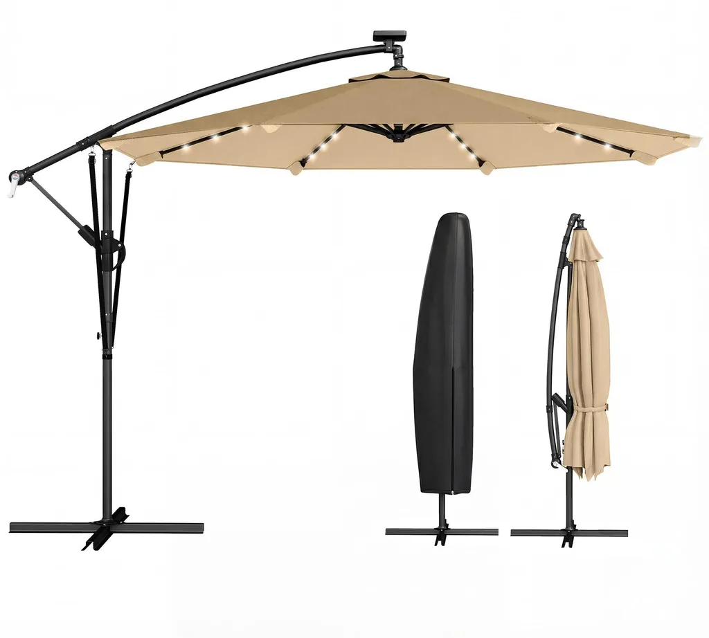 Parasol LED solaire déporté 330x295 cm kaki avec pied en croix inclus