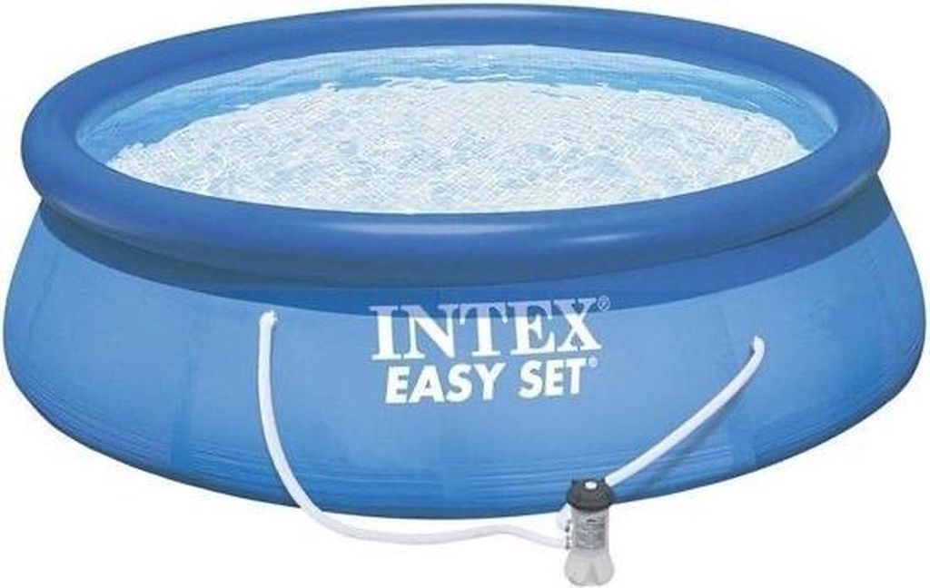 An inflatable blue Intex Easy Set pool filled with water and connected to a filter pump.