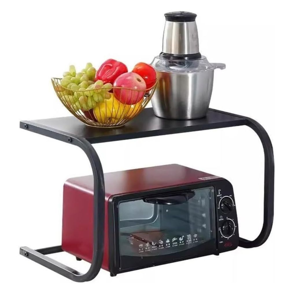 A black metal shelf unit holding a fruit bowl and a food processor above a red toaster oven.