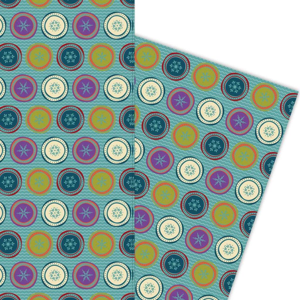 Retro Weihnachts Geschenkpapier mit Schneeflocken auf blau - G5932, 32 x 48cm